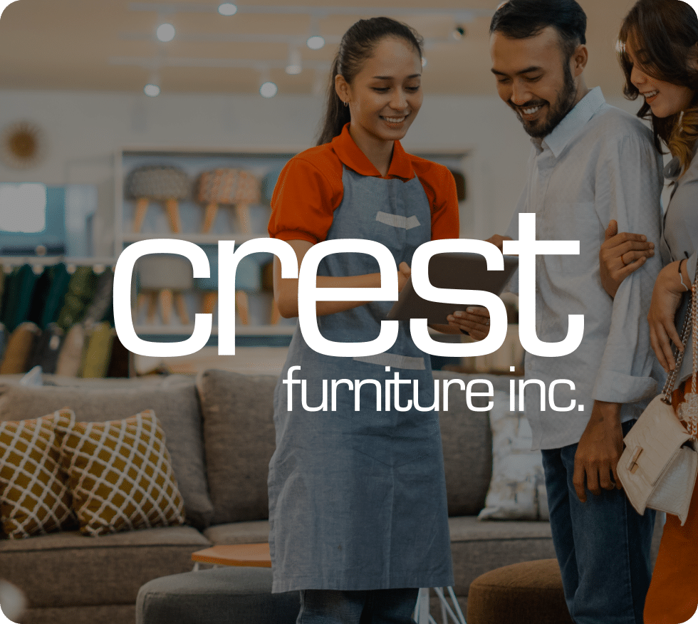 Crest furniture logo with a couch in the background
