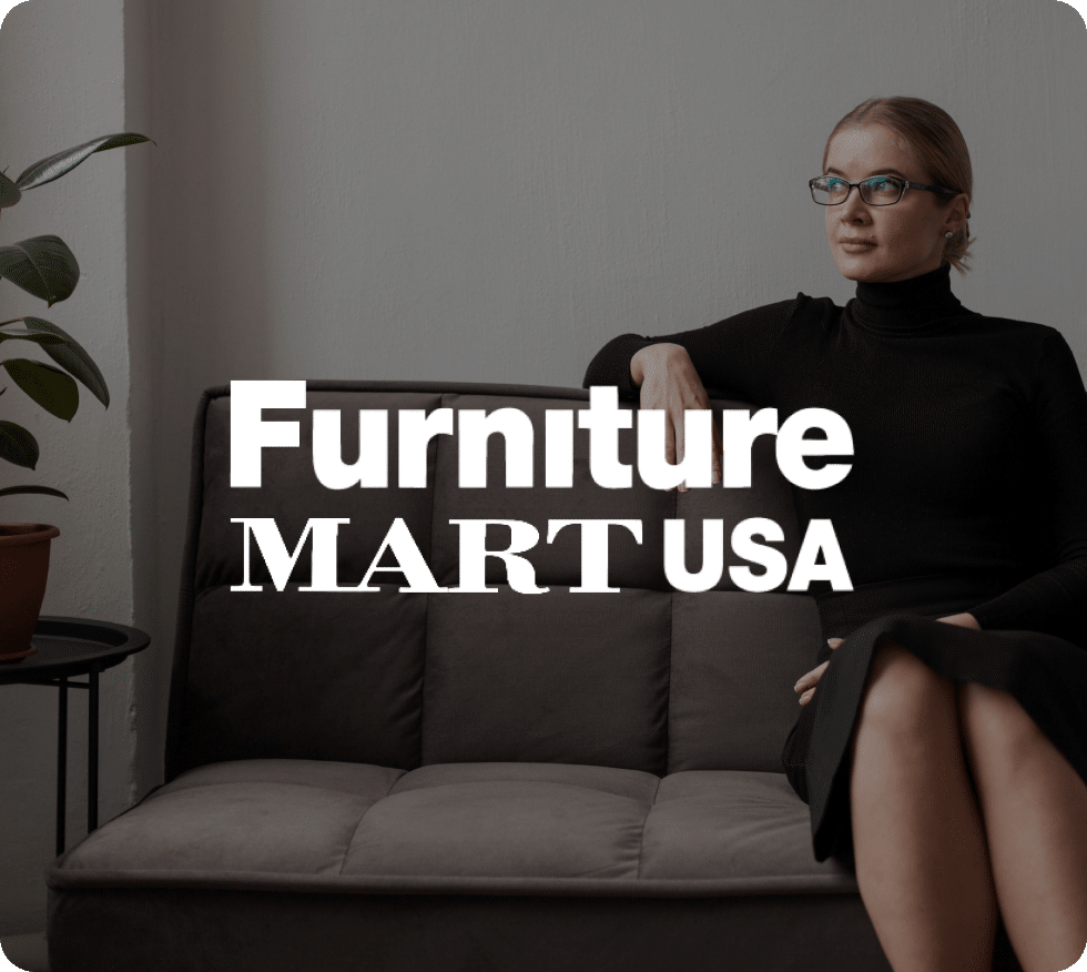 Furniture mart usa brand logo- woman sitting on upscale sofa