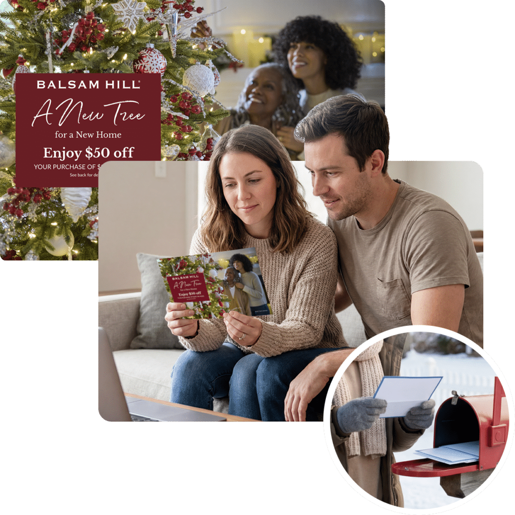 Shows a couple sitting on a couch looking at a LS Direct Direct Mailer for Balsam Hill