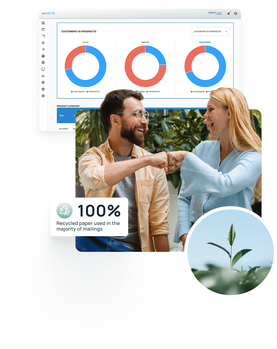 People fist bump next to a sign that reads 100% recycled paper used